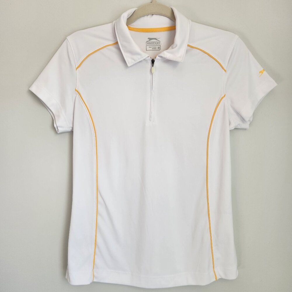 Slazenger Size M White Yellow Stripe 1/4 Zip Pullover Polo Golf Tee Short Sleeve
